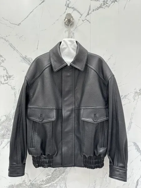 Design Leather Jacket with Ruched Hem and Flap Pockets Black - 1