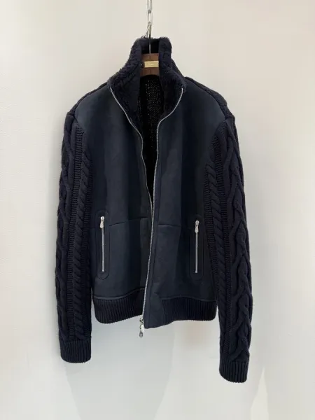 Design Cable Knit Sleeve Shearling Collar Jacket Navy Outerwear Jacket - 1
