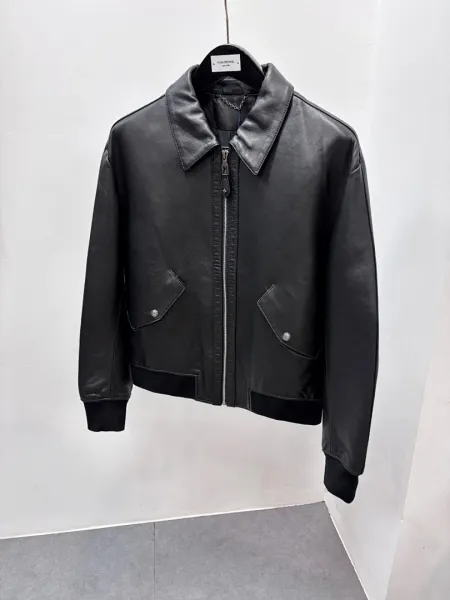 Design Leather Jacket with Ruched Hem and Flap Pockets Black - 3