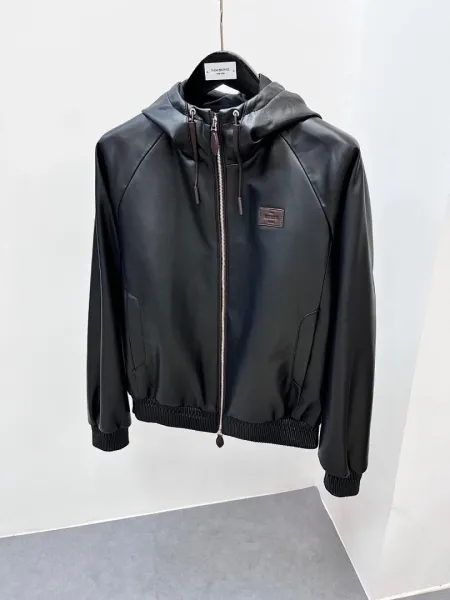 Design Leather Hooded Bomber Jacket Black Outerwear.leather Jacket - 1