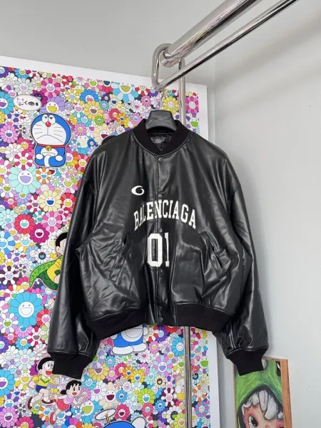 Balenciaga Leather Varsity Jacket Black - 1