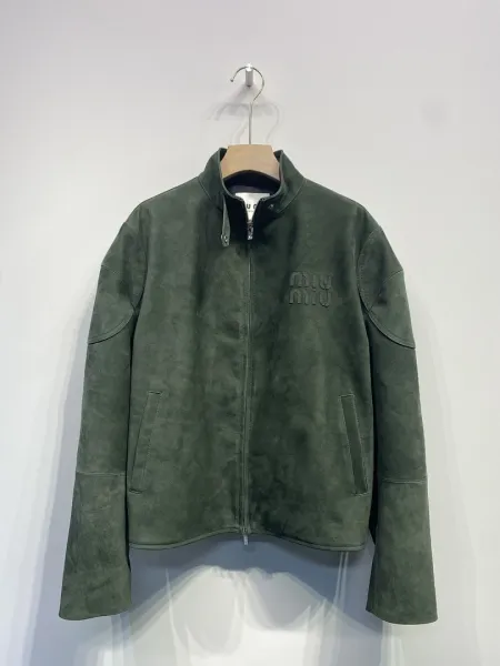 Miu Miu Suede Moto Jacket Army Green Leather Jacket - 1