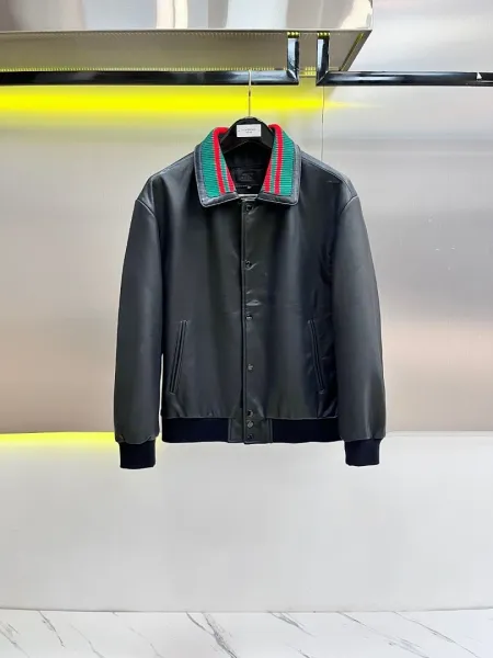 Gucci Leather Bomber Jacket with Web Stripe Collar Black - 1