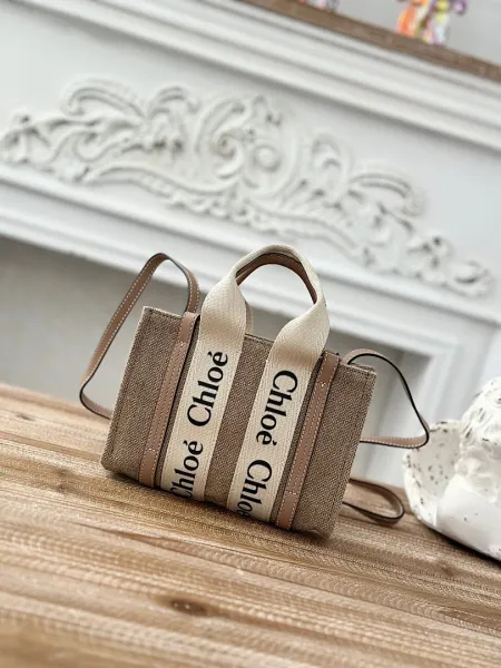 Chloé Mini Tote Bag Beige Canvas with Logo Webbing Handle - 1