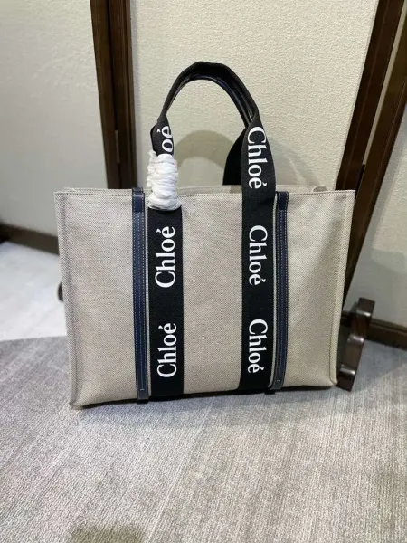 Chloé Tote Bag Beige Canvas with Logo Webbing Handles - 1
