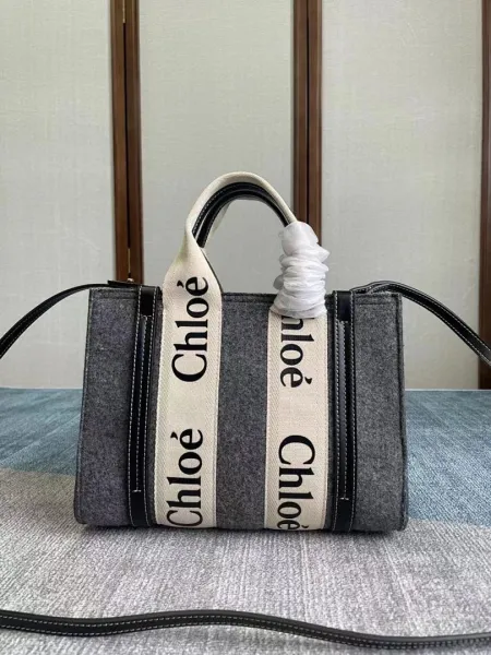 Chloé Woody Tote Bag Gray Wool-Blend with Logo Webbing Handbags - 1