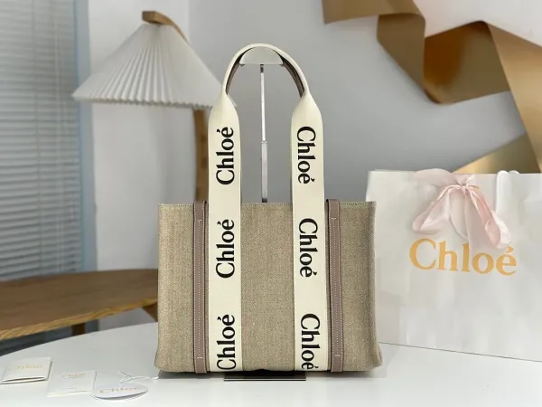 Chloé Woody Tote Bag Beige Canvas Handbag - 1
