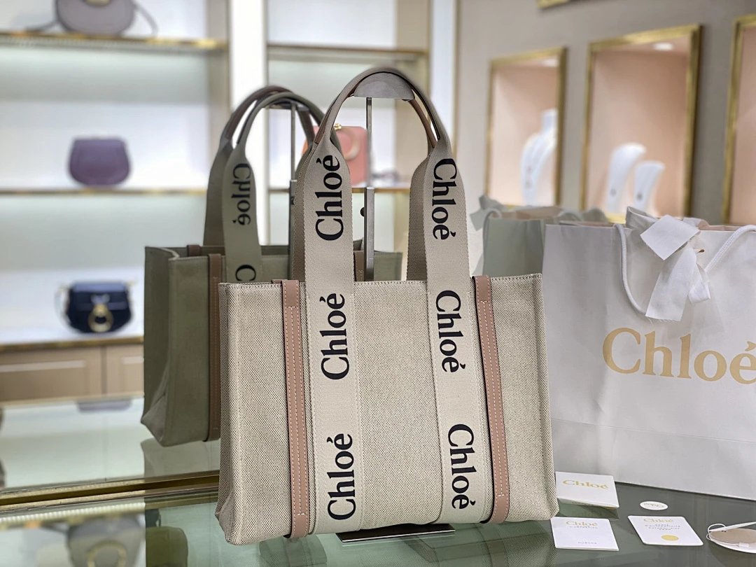 Chloé Tote Bag Beige Canvas with Logo Strap Handbag - 2