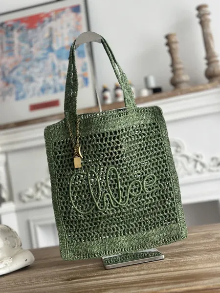 Chloé Woven Straw Tote Bag Olive Green - 1