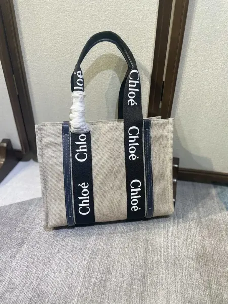 Chloé Woody Tote Bag Beige Canvas with Logo Straps Handbag - 1