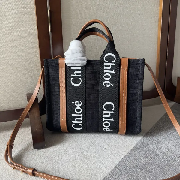Chloé Woody Tote Black Canvas with Tan Leather Trim Handbag - 1