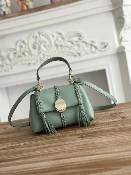 Chloé Faye Mini Mint Green Leather Handbag with Braided Straps and Tassels - 1