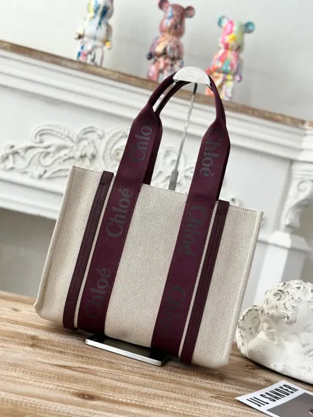 Chloé Canvas Tote Bag with Logo Webbing Burgundy - 1