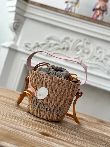 Chloé Mini Wicker Bucket Bag with Pink Leather Handle and Floral Embellishment Handbags - 1