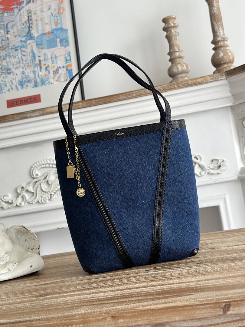 Chloé Tote Bag Beige Canvas with Logo Strap Handbag - 4
