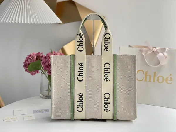 Chloé Logo Strap Tote Bag Beige with Sage Green Trim Handbag - 1