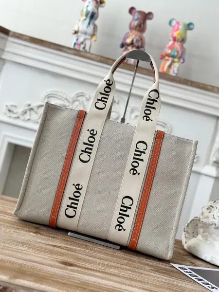 Chloé Canvas Tote Bag Beige with Brown Trim - 1