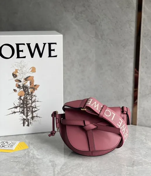 Loewe Gate Saddle Bag Burgundy Leather with Logo Strap Crossbody Bag - 1