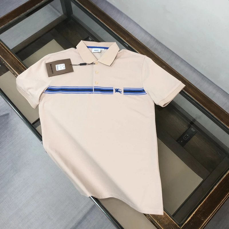 Beige Polo Shirt with Blue Stripes