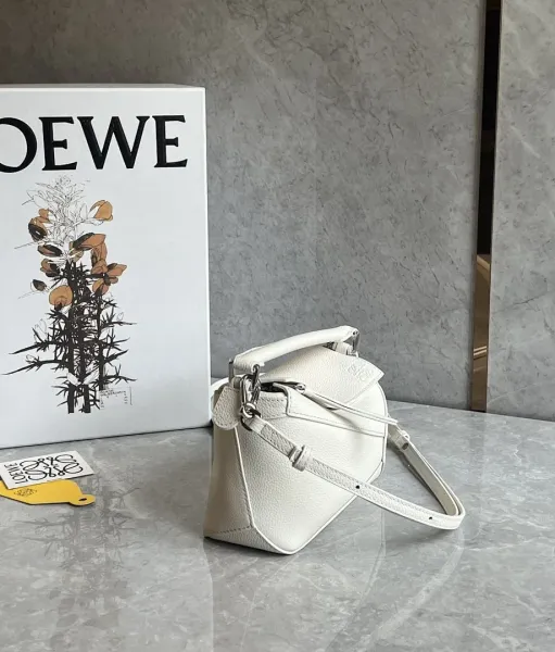 Loewe Puzzle Mini Bag White Pebbled Leather Handbag - 1