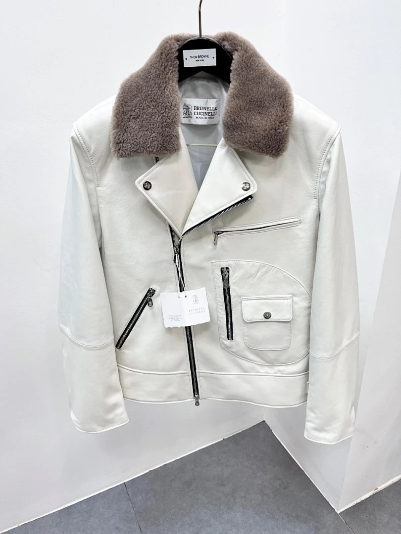 Design Brunello Cucinelli White Leather Biker Jacket with Shearling Collar Leather Jacket