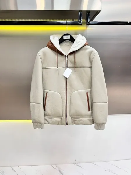 Design Sherpa-Lined Leather Hooded Jacket Beige Outerwear.jacket - 1