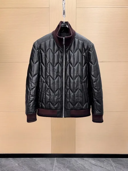 Design Quilted Leather Jacket Black with Burgundy Rib Trim - 1