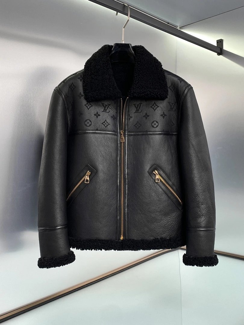 Louis Vuitton Monogram Shearling Aviator Jacket Black Leather Jacket