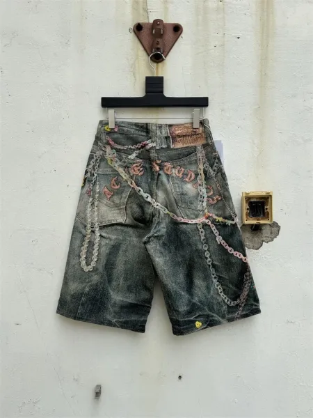 Denim Tears Chain-Embroidered Distressed Denim Shorts - 1