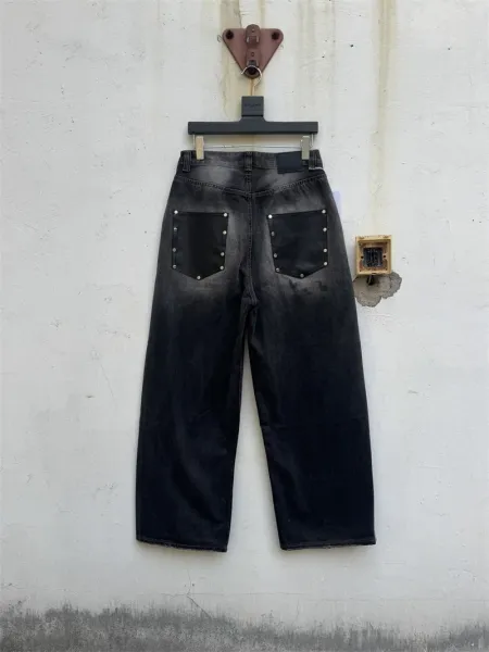 Design Wide-Leg Distressed Black Jeans with Leather Patch Pockets - 1