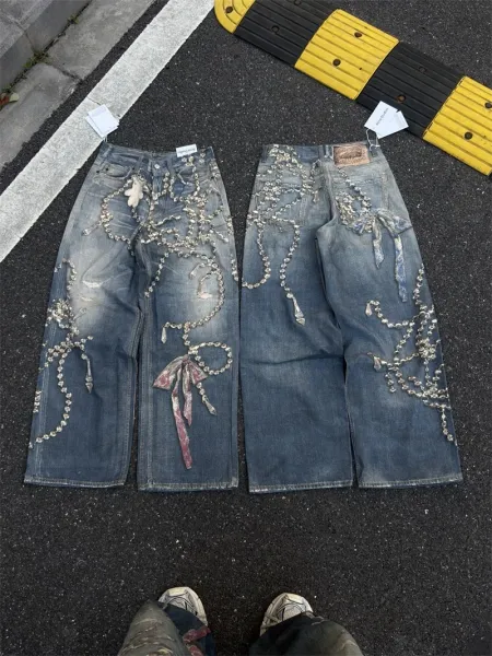Chrome Hearts Chain-Embellished Distressed Wide-Leg Jeans Blue - 1