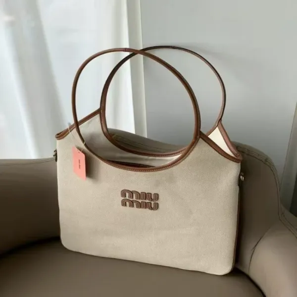 Miu Miu Canvas Tote Bag Beige with Brown Leather Trim Handbag - 1