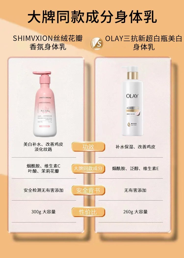 Supermarket out of stock king 💰 thirty-nine point nine 🉐 2 large bottles ❗ Body lotion with Olay added 🔥 The same niacinamide desert dry skin has been nourished and moisturized, making the skin tender and smooth. 【 SHIMVXION_ Velvet Petal Fragrance Body Lotion 】 Softens keratin, soothes dry chicken skin, and relieves back lumps and itching. w030303