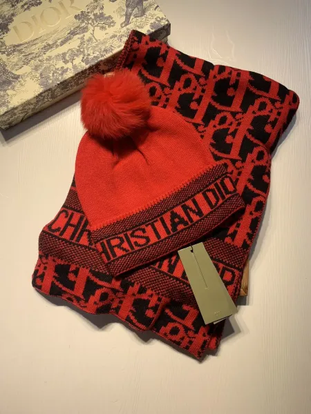 Dior Oblique Knit Beanie and Scarf Set Red Black - 1