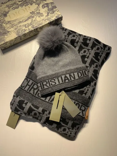 Dior Oblique Knit Beanie and Scarf Set Gray with Fox Fur Pom-Pom - 1