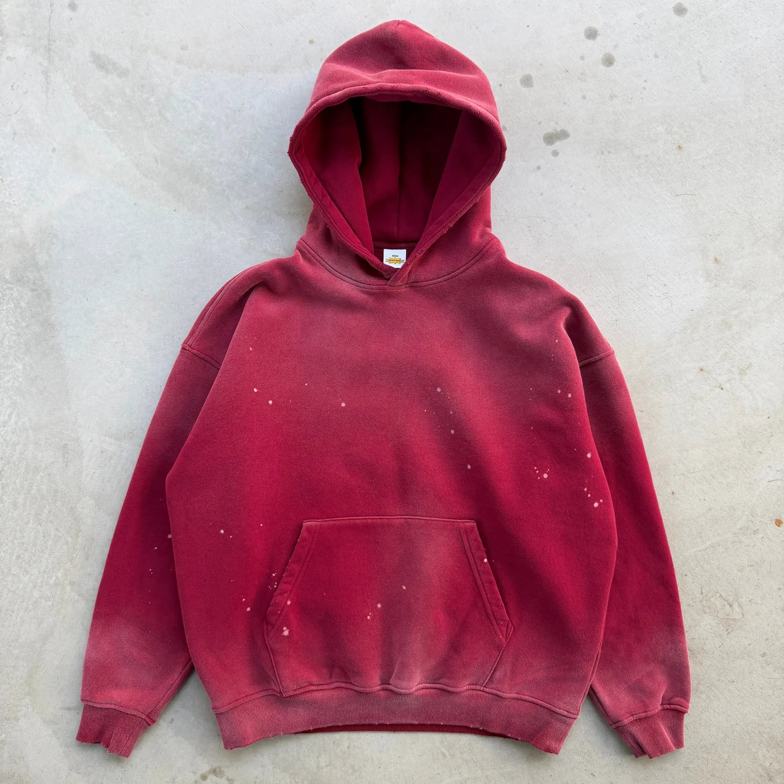 buu, 4.15-2026 Fall/Winter New Arrival 360G Splatter-Dyed Faded Spray Wash Distressed Raw-Edge Hooded Fleece Sweatshirt