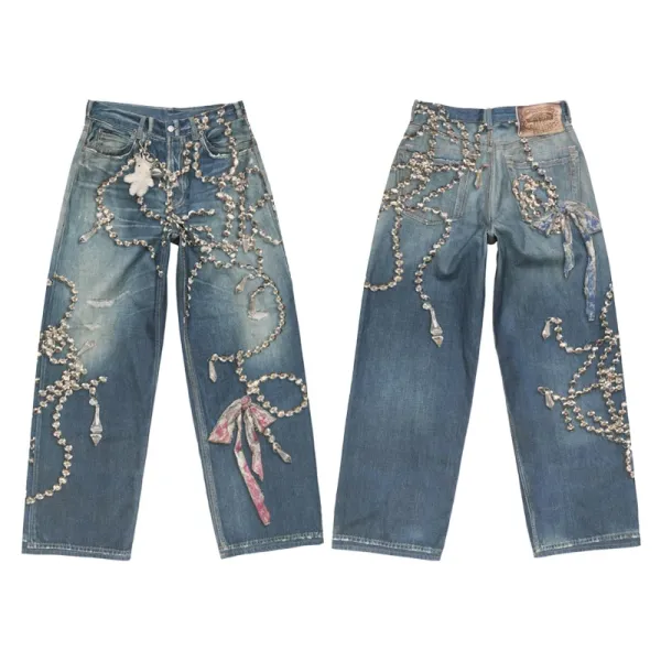 Design Embellished Chain-Adorned Distressed Wide-Leg Jeans - 1