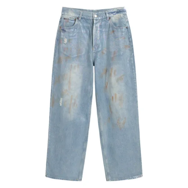 Design Distressed Washed Light Blue Wide-Leg Jeans - 1