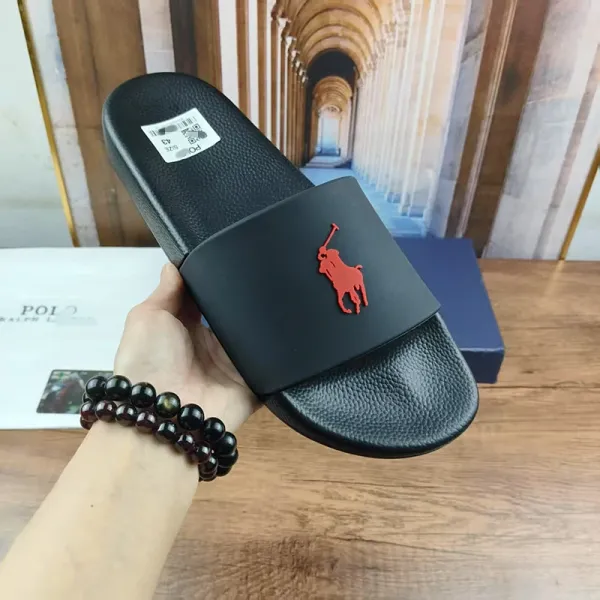 Polo Ralph Lauren Slide Sandals Black with Red Pony Logo Slippers - 1