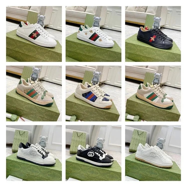 Gucci leather low-top sneakers with green-red-green stripe and embroidered bee or star detail