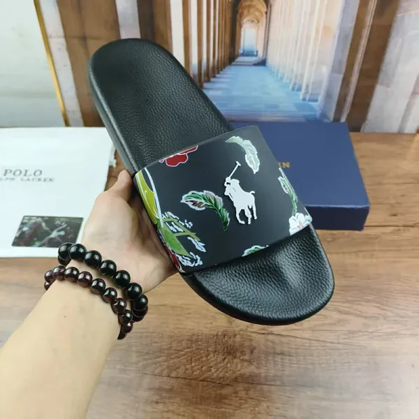 Polo Ralph Lauren Floral Print Slide Sandals Black Slippers - 1