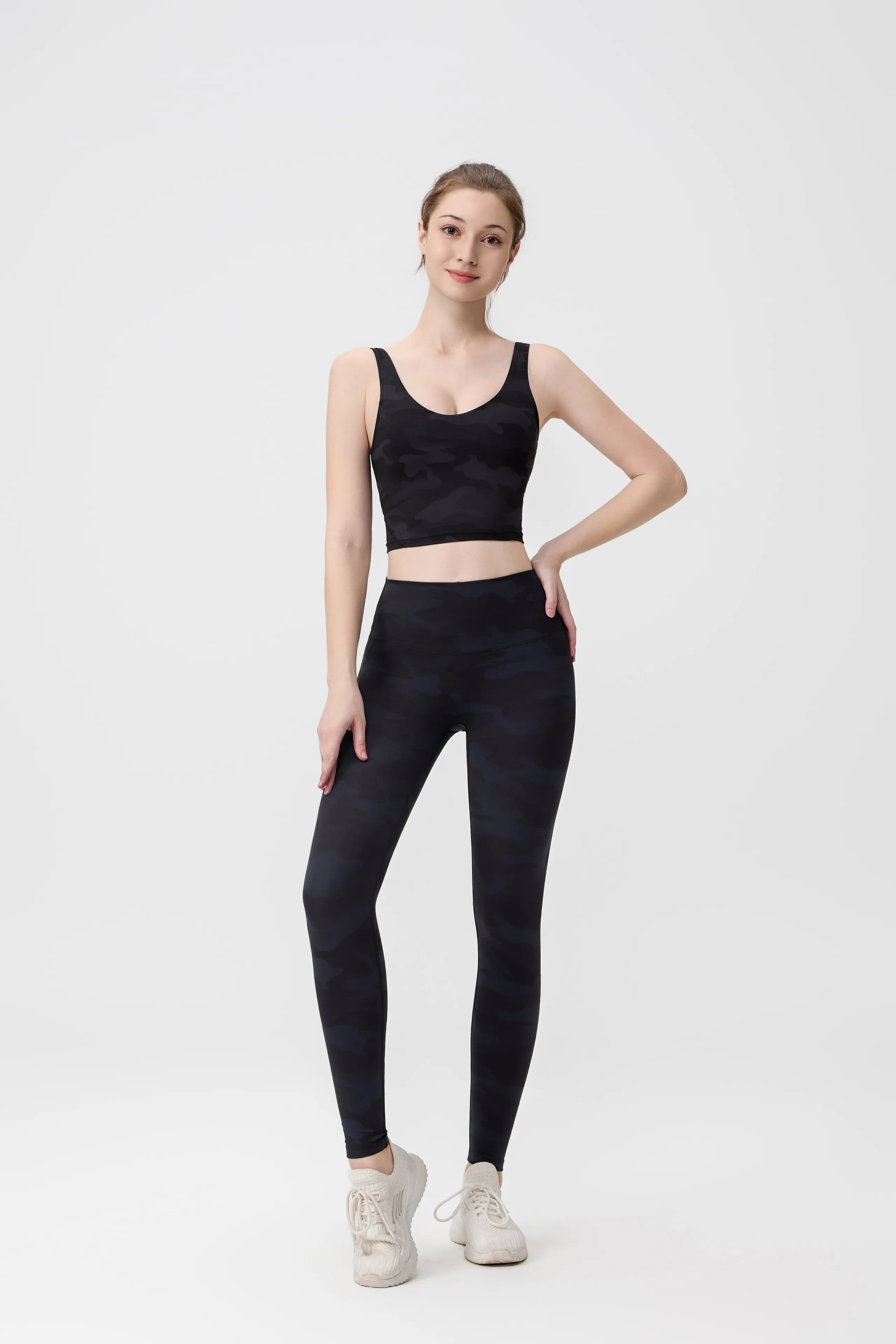 Black Camo Print Sports Bra And High-Waisted Leggings Set