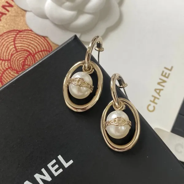 Chanel Pearl CC Logo Hoop Earrings Gold Jewelry - 1
