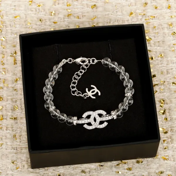 Chanel CC Logo Crystal Bead Bracelet Silver Jewelry - 1