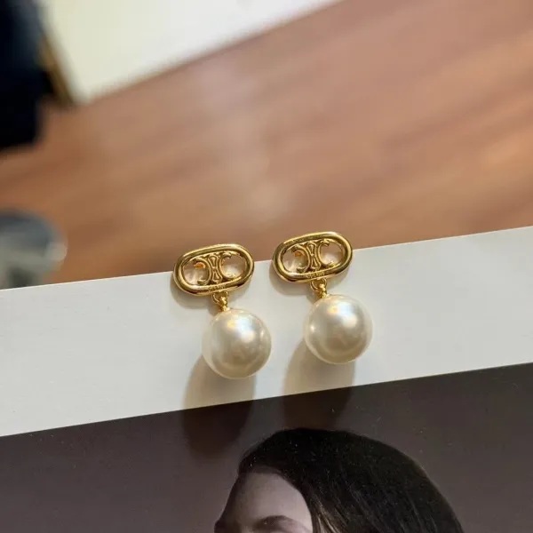 Celine Triomphe Pearl Drop Earrings Gold Jewelry - 1