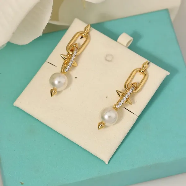 Design Pearl Spike Link Earrings Gold Jewelry - 1