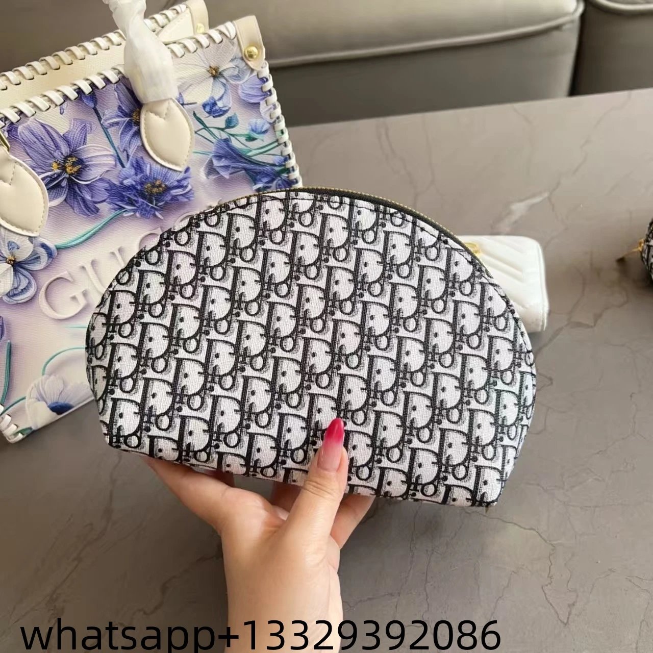 Gucci Floral Print Tote Bag with Dior Oblique Makeup Pouches Set White Purple Multicolor Handbags - 9