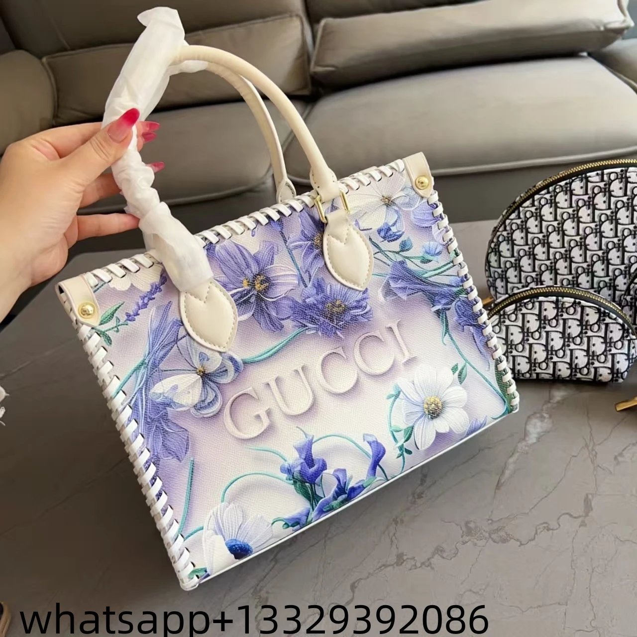 Gucci Floral Print Tote Bag with Dior Oblique Makeup Pouches Set White Purple Multicolor Handbags - 5