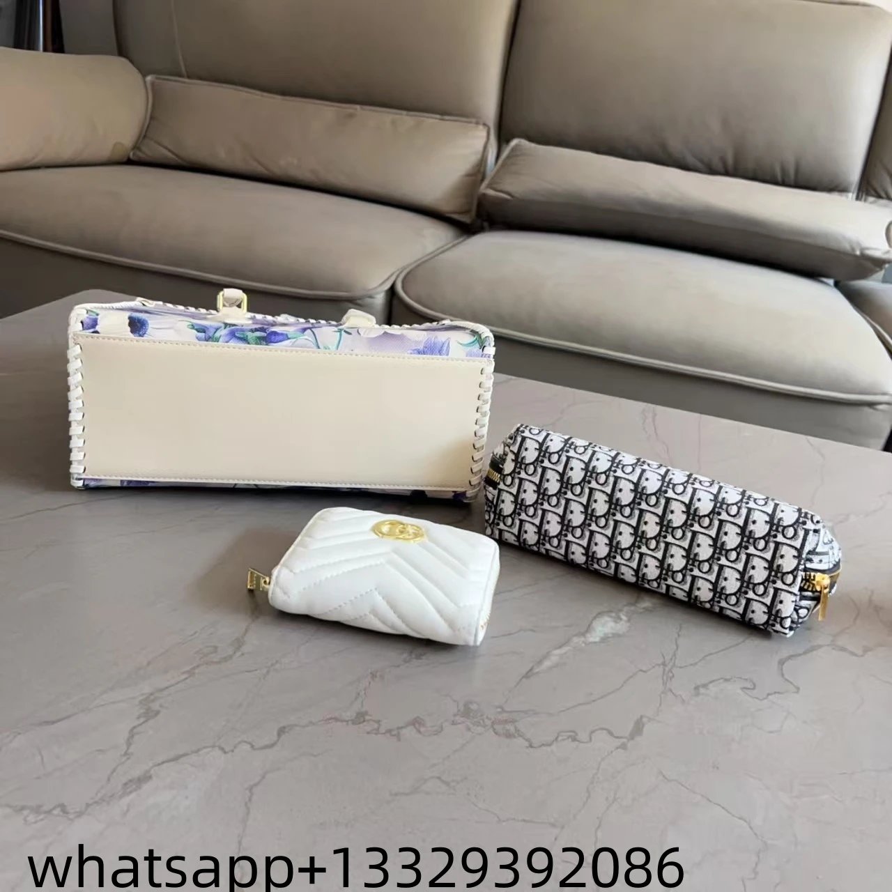 Gucci Floral Print Tote Bag with Dior Oblique Makeup Pouches Set White Purple Multicolor Handbags - 3