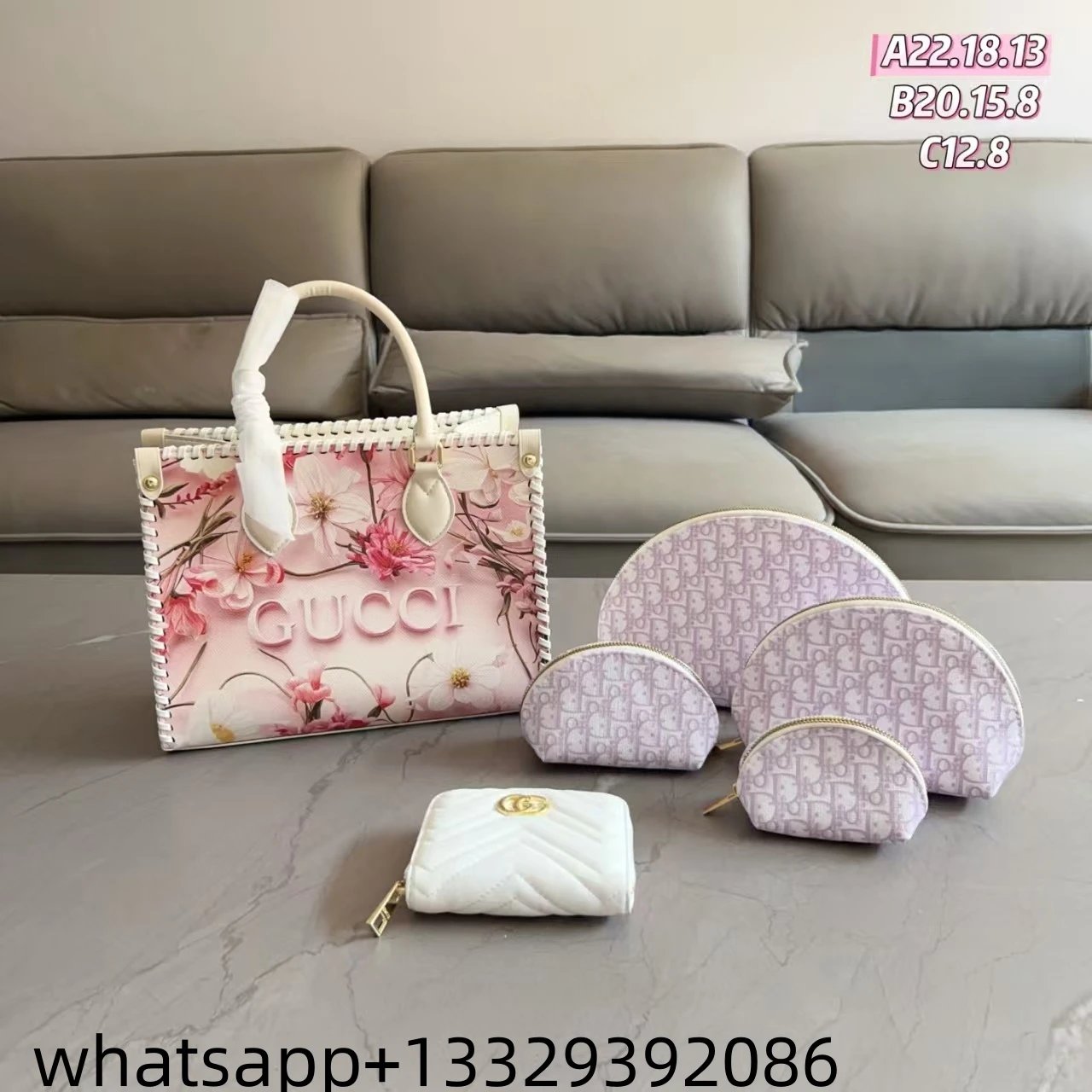 Gucci Floral Print Tote Bag with Dior Oblique Makeup Pouches Set White Purple Multicolor Handbags - 2